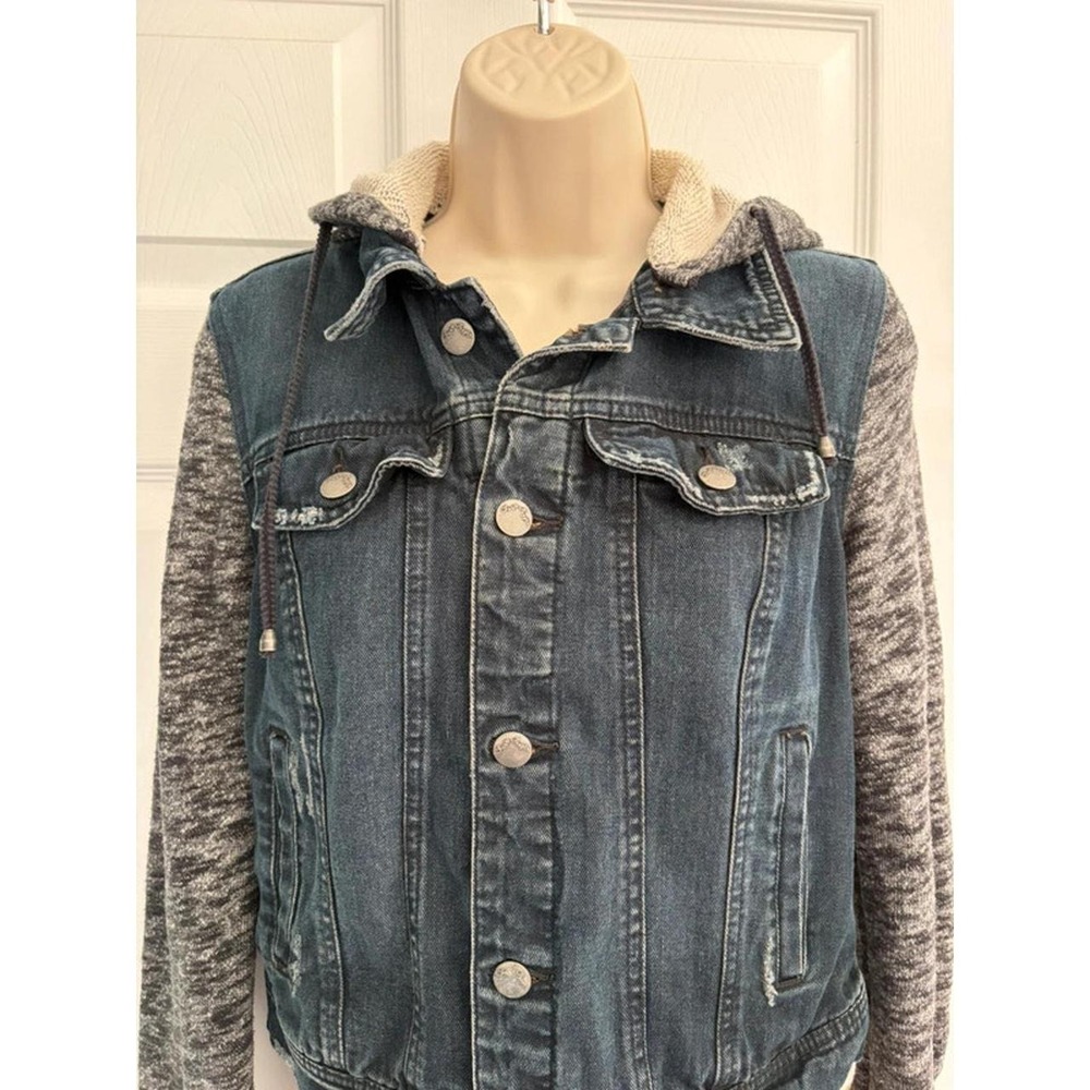 Free People Denim Jacket Hoodie Small Blue Distressed Knit Sleeve Boho Y2K - Picture 1 of 8